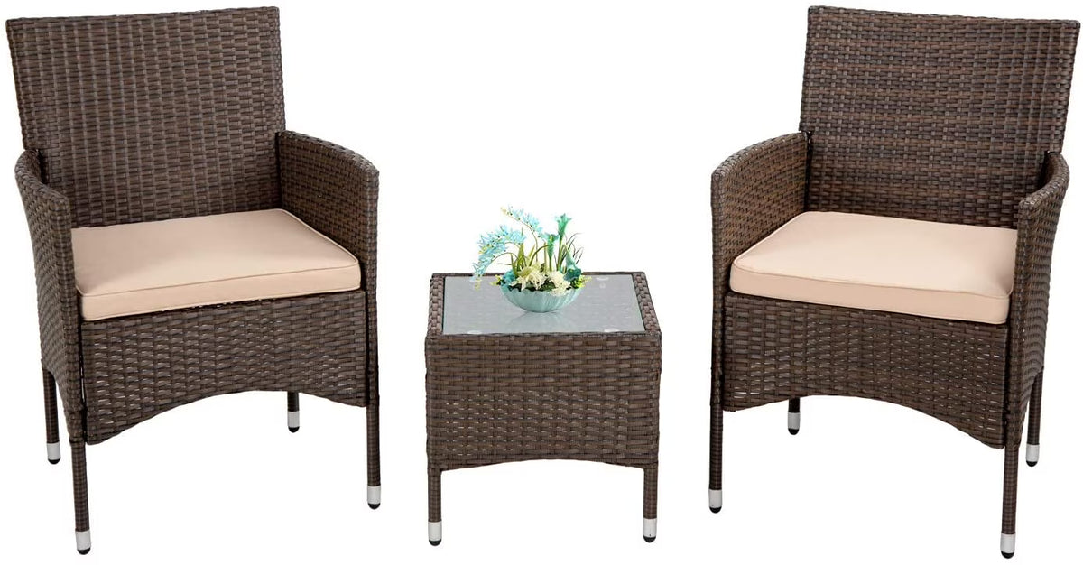 3 Pieces Wicker Bistro Set with Khaki Cushion Steel Frame K897