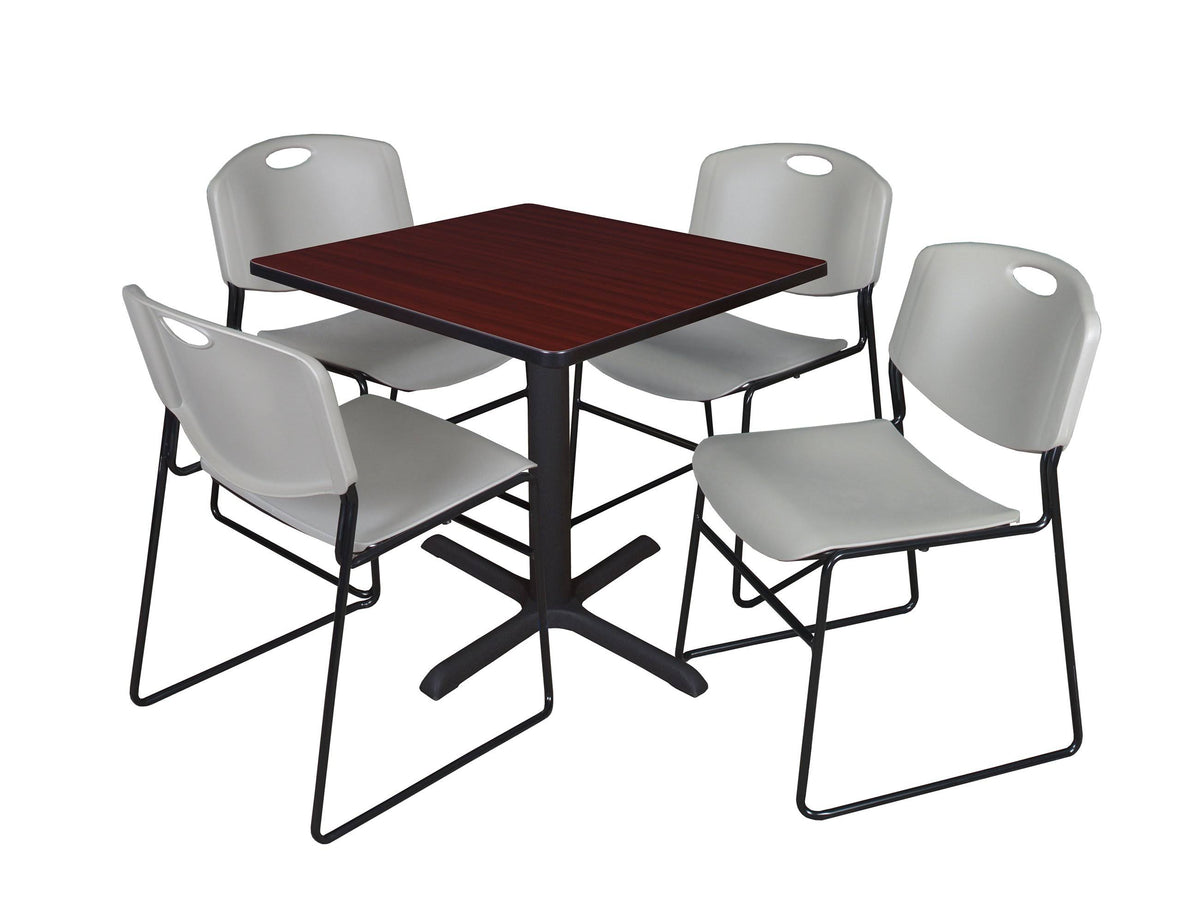 Mahogany Square Breakroom Table with 4 Grey Stack Chairs A112454