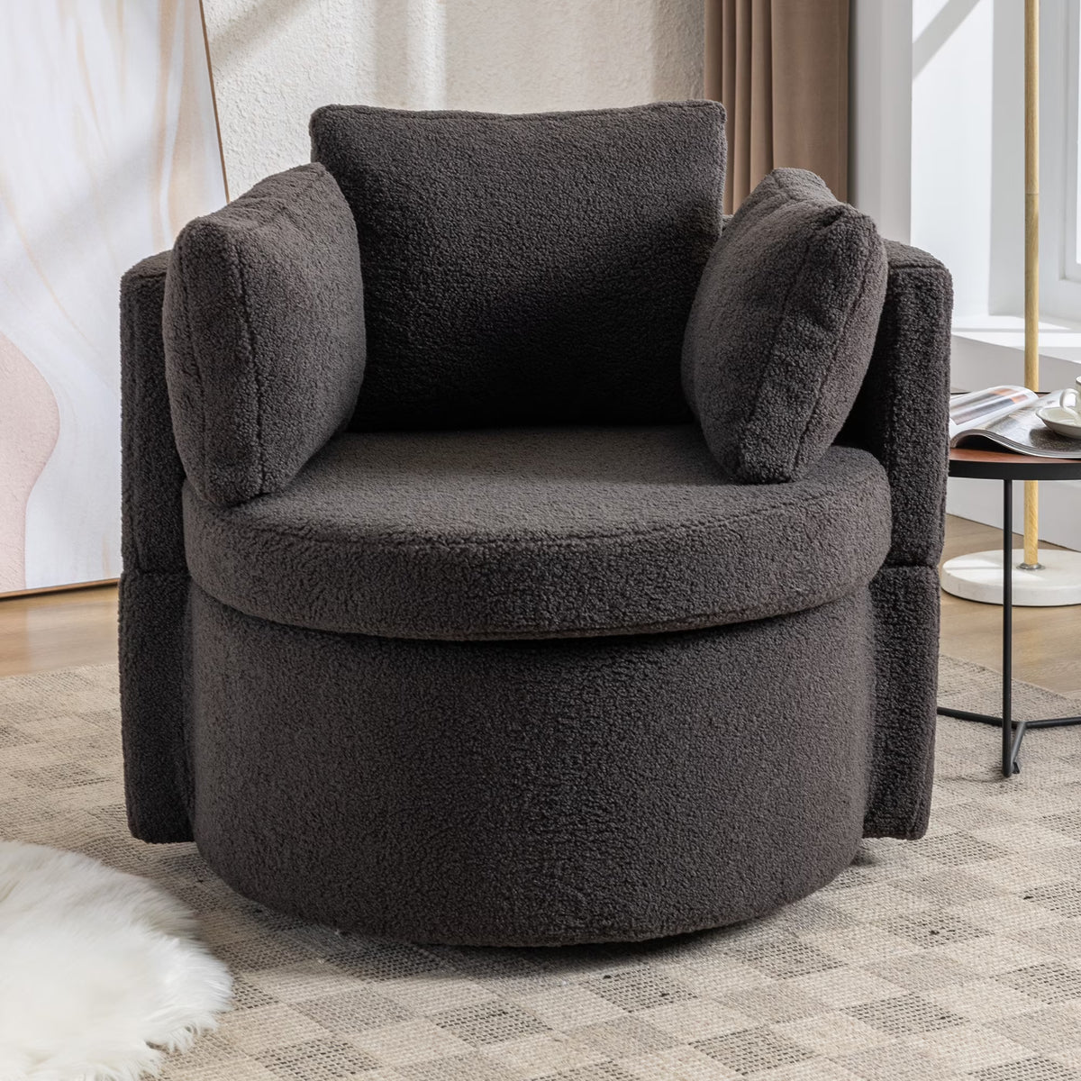 Dark Gray Teddy Velvet Swivel Accent Chair with Storage H981716
