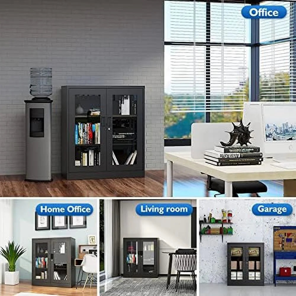 Metal Locking Cabinet with 2 Glass Doors and 4 Adjustable Shelves N575907