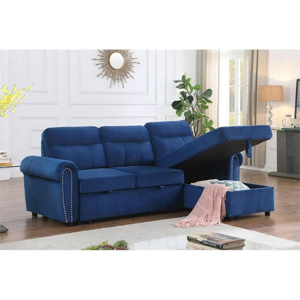 Blue Velvet Reversible Sleeper Sectional Sofa Chaise Q309044
