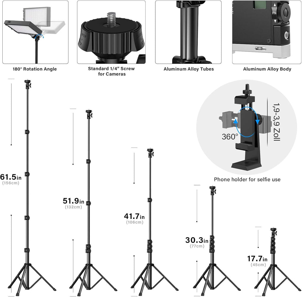 RGB Video Lighting with Portable Tripod Stand, LED Camera Light Kit, 8500K Light Panel with Aluminum Alloy Body D108
